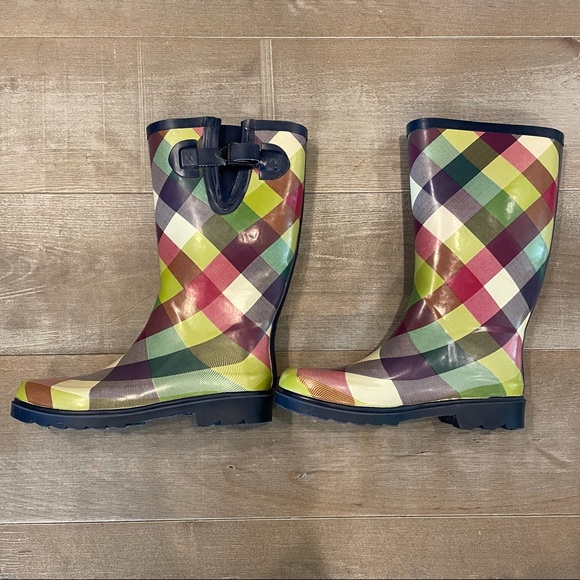Multi Color Plaid Rain Boots - Picture 2 of 10